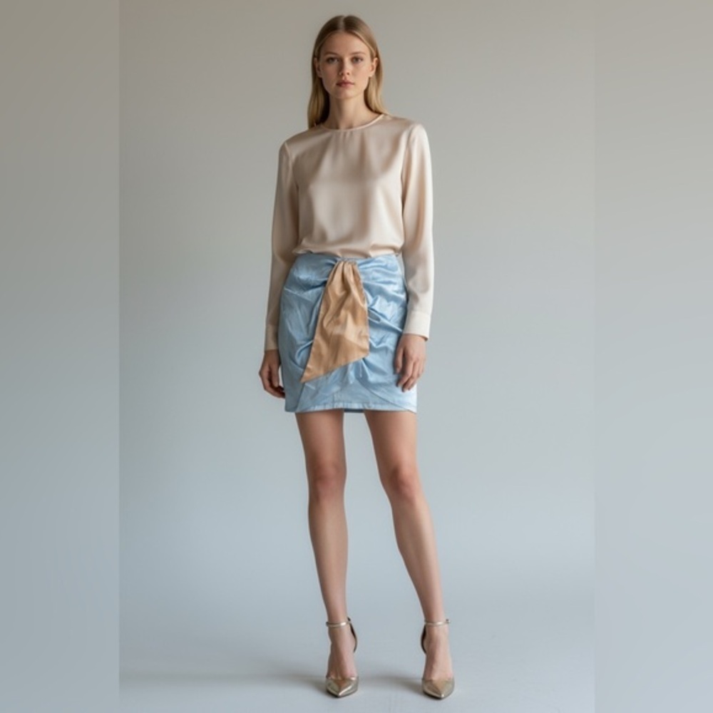 Rivir Satin Sky Blue Gold Drape Detail Skirt Size Small Elegant Party Look